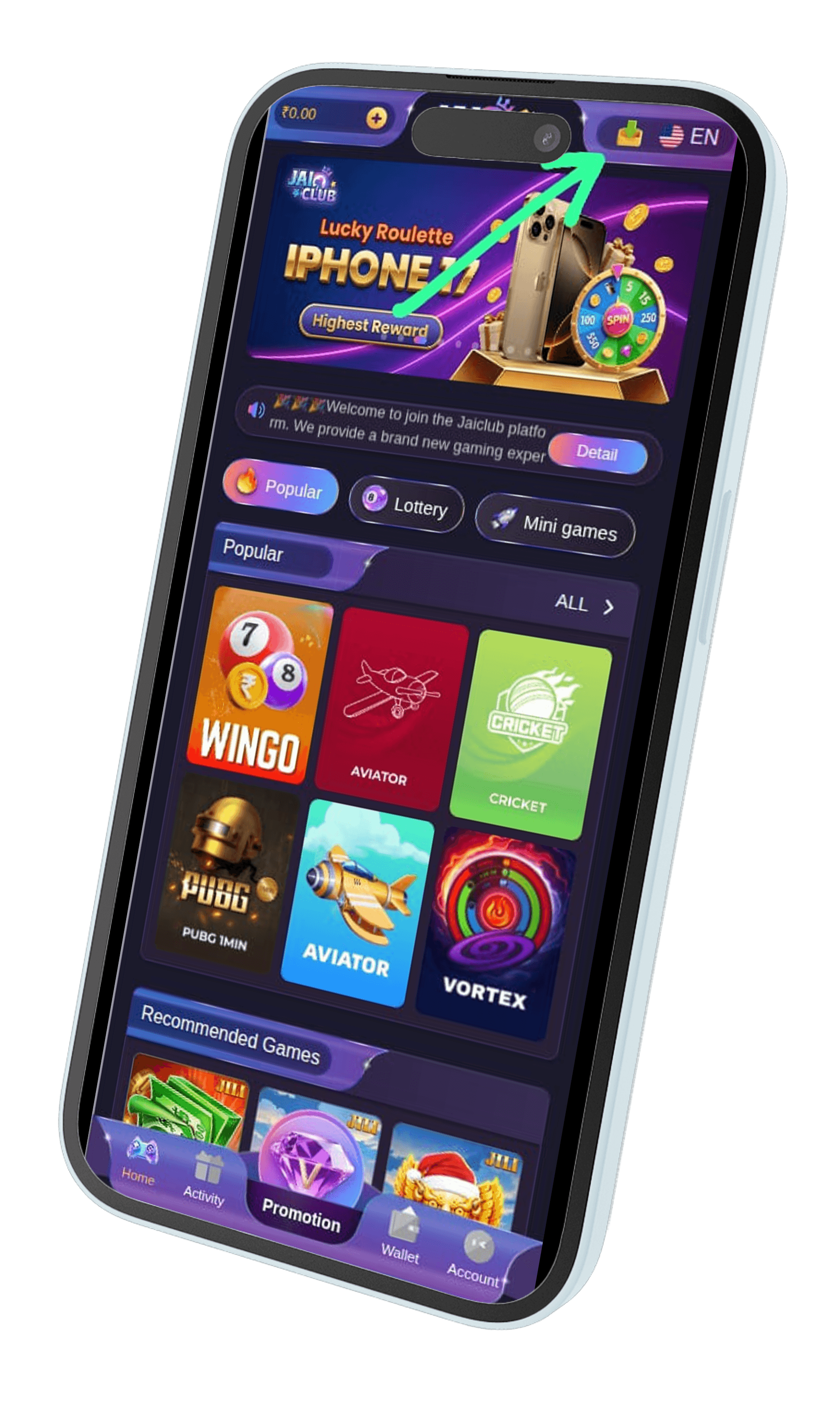 Jai Club APK — lobby with Download icon next to wallet balance
